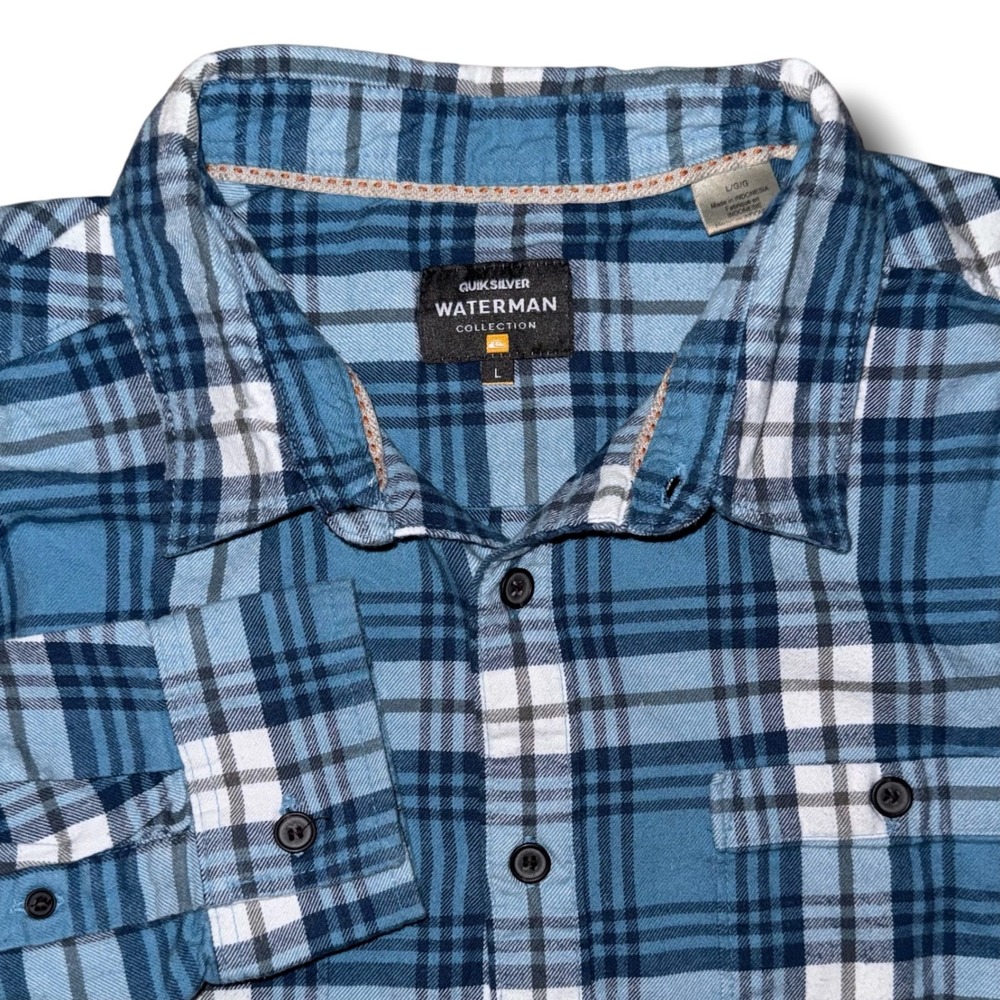 Quiksilver Waterman Collection Mens Large Blue Plaid Cotton Button Down Shirt